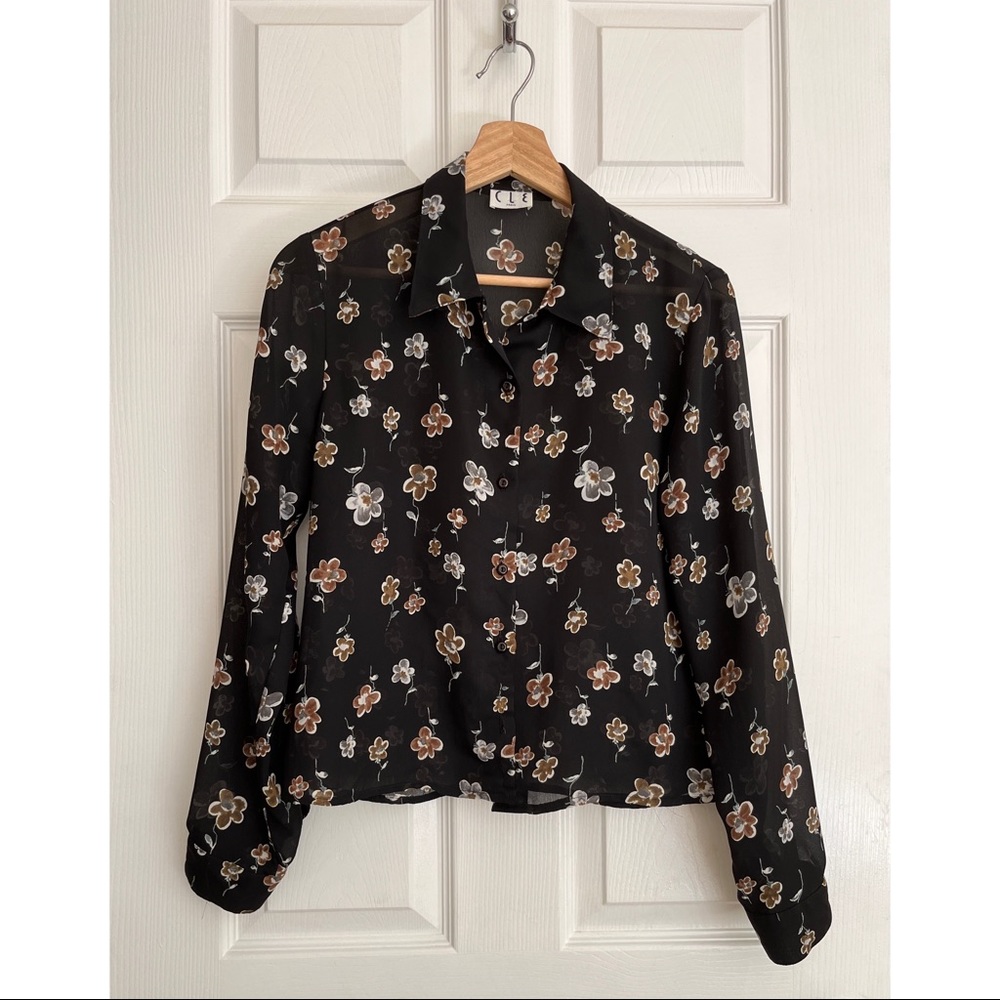 80’s Black Flower Long Sleeve Button Down